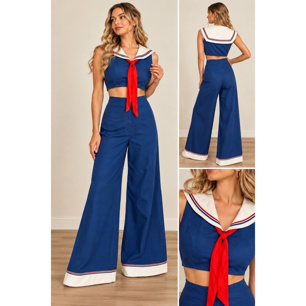 Vtg Union Made 60s 70s JOVI Sailor Nautical 2 Pc Crop Top Wide Leg Pants Small